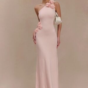 Paloma One Shoulder Knit Maxi Dress With Flowers - Baby Pink Size S